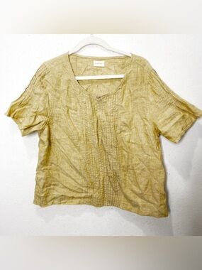 Poetry Blouse US 14 Women’s 100% Linen Pin Tuck Lagenlook Khaki Gold Summer Boxy